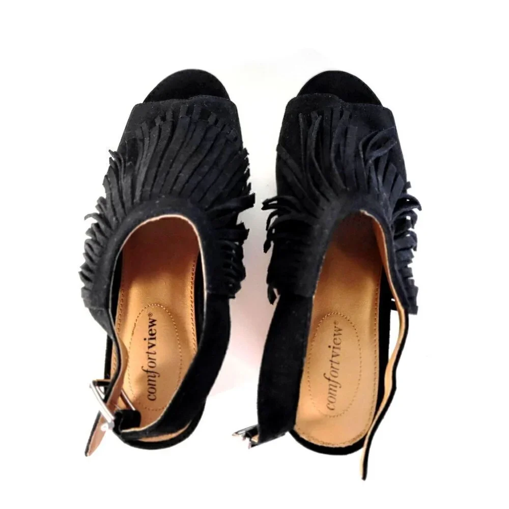 Comfortview Diane Espadrille Sandals Heels Wedge Fringe Black Women Size 9M